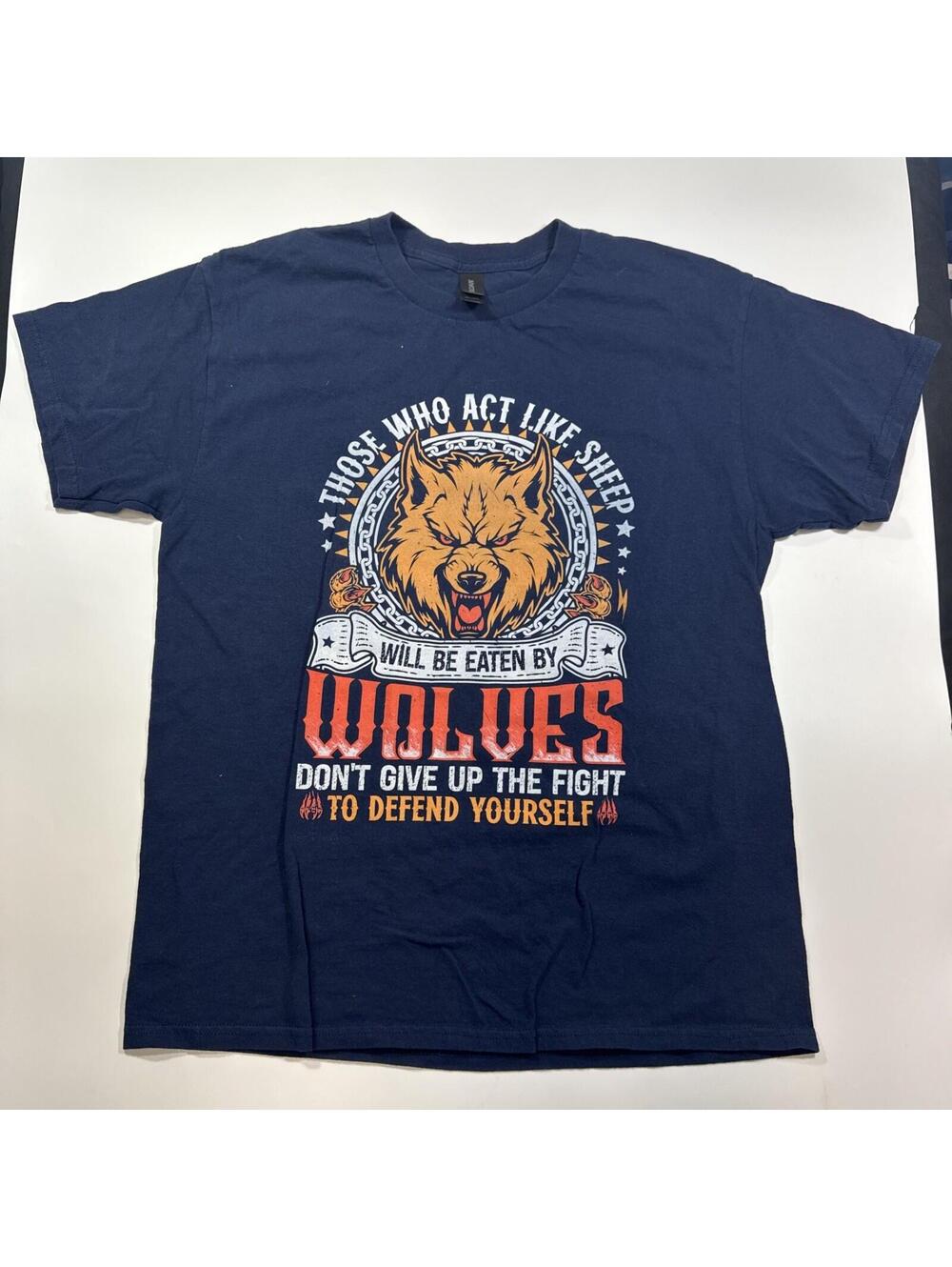 Wolves Don’t Give Up The Fight Navy T-shirt Motivational Tee Size Large Unisex